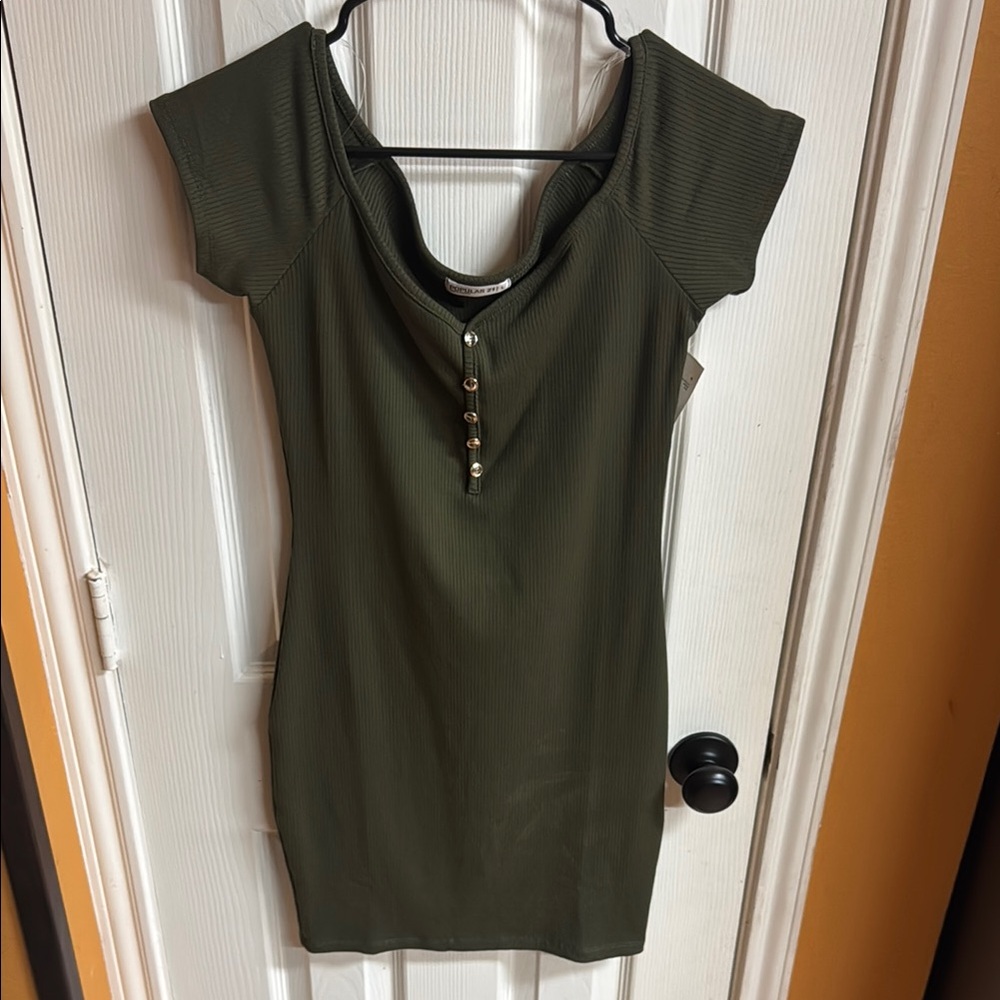 Olive Green Button-Front Dress